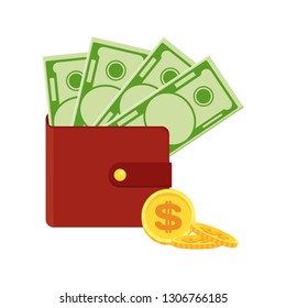 Purse with money. Flat vector cartoon money illustration. Objects isolated on a white background.