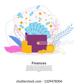 Purse with money. Flat vector cartoon money illustration. Objects isolated on a white background.