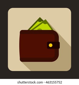 Purse with money icon in flat style with long shadow. Finance symbol