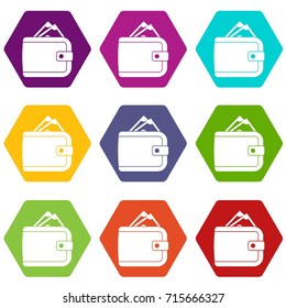 Purse with money icon set many color hexahedron isolated on white vector illustration