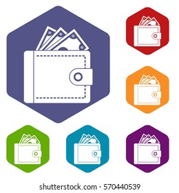 Purse with money icons set rhombus in different colors isolated on white background