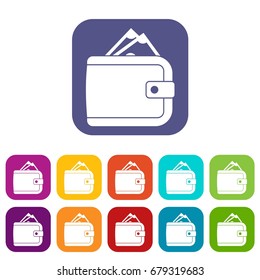 Purse with money icons set vector illustration in flat style In colors red, blue, green and other