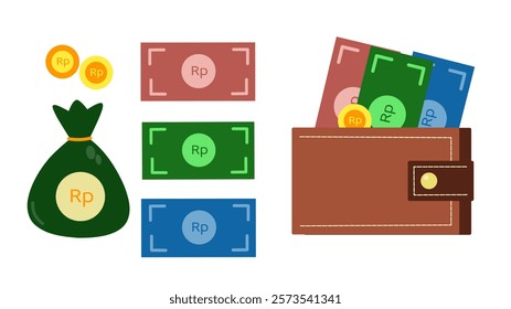 Purse with money. Illustration of Indonesian Rupiah banknotes and coins with wallet and savings sack.