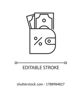 Purse with money linear icon. Credit interest rate. Savings to pay percentage of loan. Thin line customizable illustration. Contour symbol. Vector isolated outline drawing. Editable stroke