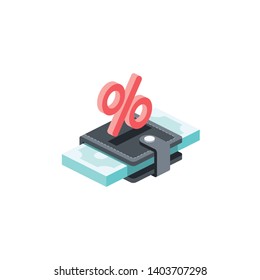 Purse money percent. Vector 3d isometric color icon new flat style. Creative illustration, idea for infographics.