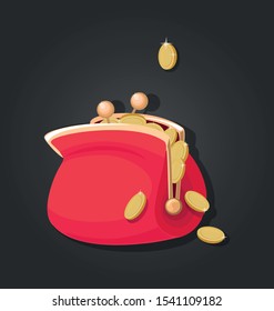 Purse, money. Red wallet. Golden coins. Icon.  Money falling in open purse. Gold coins raining to open wallet. Infographics concept.Vector illustration isolated on a black background. 