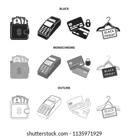 Purse, money, touch, hanger and other equipment. E commerce set collection icons in black,monochrome,outline style vector symbol stock illustration web.