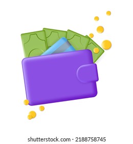Purse money wallet 3d icon with credit card, coins and paper green dollars. Creative financial violet wallet isolated on white. Vector payment pocket illustration