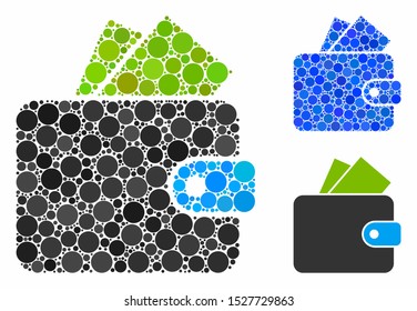 Purse mosaic of circle elements in variable sizes and color hues, based on purse icon. Vector circle elements are united into blue collage. Dotted purse icon in usual and blue versions.