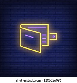 Purse neon sign. Glowing neon purse on dark blue brick background. Vector illustration for advertisement, banking and payment