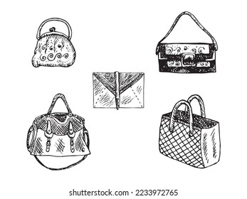Purse, Satchel, Clutch (envelope), Clutch and Tote bag  isolated hand drawn black and white outline doodle, sketch, bags set collection illustration
