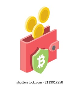 Сoins purse, security shield, bitcoin cryptocurrency. Vector 3d line isometric, color web icons, new flat style. Creative design idea for infographics.