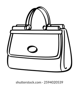 A purse is shown in a black and white drawing. The purse is large and has a gold handle