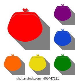Purse sign illustration. Set of red, orange, yellow, green, blue and violet icons at white background with flat shadow.