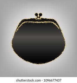 Purse sign illustration. Vector. Blackish icon with golden stars at grayish background.