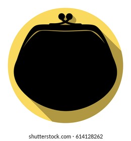 Purse sign illustration. Vector. Flat black icon with flat shadow on royal yellow circle with white background. Isolated.