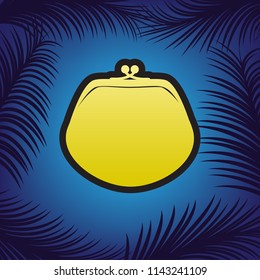 Purse sign illustration. Vector. Golden icon with black contour at blue background with branches of palm trees.