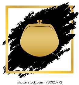 Purse sign illustration. Vector. Golden icon at black spot inside golden frame on white background.