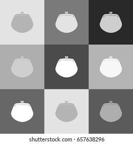 Purse sign illustration. Vector. Grayscale version of Popart-style icon.