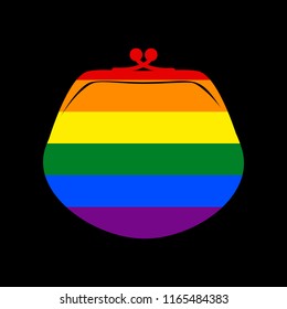 Purse sign illustration. Vector. Icon with colors of LGBT flag at black background.