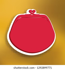 Purse sign illustration. Vector. Magenta icon with darker shadow, white sticker and black popart shadow on golden background.