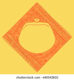 Purse sign illustration. Vector. Red scribble icon obtained as a result of subtraction rhomb and path. Royal yellow background.