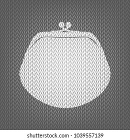 Purse sign illustration. Vector. White knitted icon on gray knitted background. Isolated.