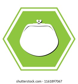 Purse sign illustration. Vector. White icon with black shadow at yellow green honeycomb on white background.