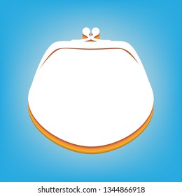 Purse sign illustration. Vector. White icon with 3d warm-colored gradient body at sky blue background.