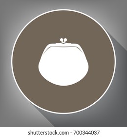 Purse sign illustration. Vector. White icon on brown circle with white contour and long shadow at gray background. Like top view on postament.