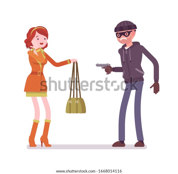 Purse
snatcher, thief grabbing a girl, threatening with a gun. Masked
criminal, bandit pulling a weapon on young woman to steal a handbag
on street. Vector flat style cartoon
illustration