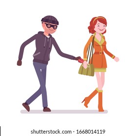 Purse snatcher, thief grabbing a money card from handbag. Masked man steals from a girl bag, bandit street pickpocket, woman robbed by a male cunning burglar. Vector flat style cartoon illustration