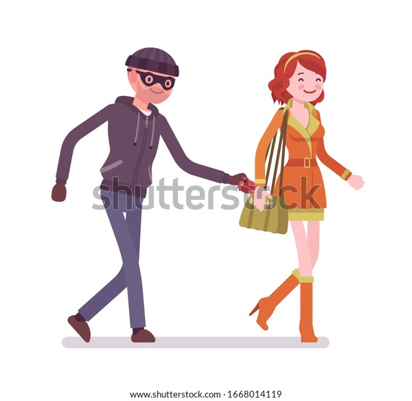 Purse snatcher, thief grabbing a money card\
from handbag. Masked man steals from a girl bag, bandit street\
pickpocket, woman robbed by a male cunning burglar. Vector flat\
style cartoon\
illustration