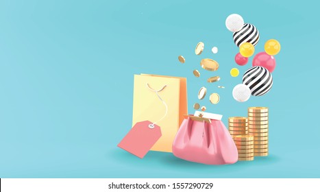 The purse is surrounded by shopping bags and coins on a blue background.
