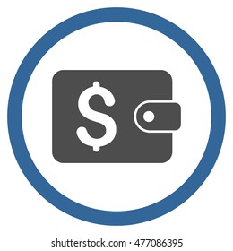 Purse vector bicolor rounded icon. Image style is a flat icon symbol inside a circle, cobalt and gray colors, white background.