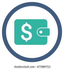 Purse vector bicolor rounded icon. Image style is a flat icon symbol inside a circle, cobalt and cyan colors, white background.