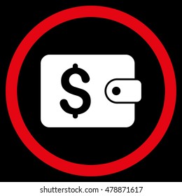 Purse vector bicolor rounded icon. Image style is a flat icon symbol inside a circle, red and white colors, black background.