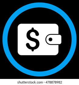 Purse vector bicolor rounded icon. Image style is a flat icon symbol inside a circle, blue and white colors, black background.
