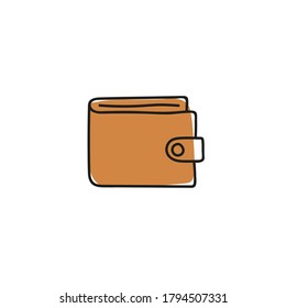 Purse vector icon in cartoon style. Hand drawn brown wallet on white background.