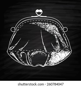 Purse vector icon. Wallet icon. Drawing with chalk on Chalkboard drawing . Hand drawing image. Elements for design. Graphic style. Vintage purse