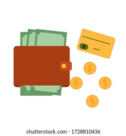 Purse, wallet with banknotes, near coins and credit card isolated on white background stock vector illustration. Simple flat style. Graphic banking, economy concept.