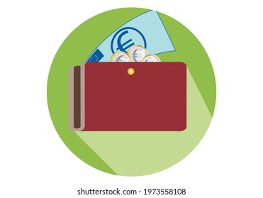 
Purse wallet with euro notes and one euro coins poking out