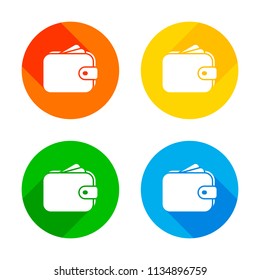 Purse, wallet, money icon. Flat white icon on colored circles background. Four different long shadows in each corners