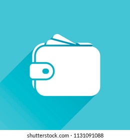Purse, wallet, money icon. Gray icon with long shadow in bottom left corner on blue background