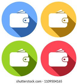 Purse, wallet, money icon. Set of white icons with long shadow on blue, orange, green and red colored circles. Sticker style
