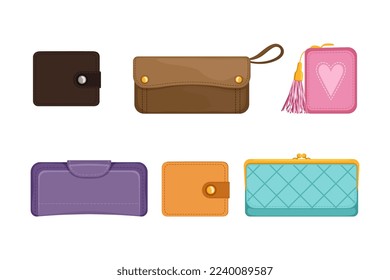 Purse and Wallet as Small Pouch for Carrying Coins and Currency Vector Set