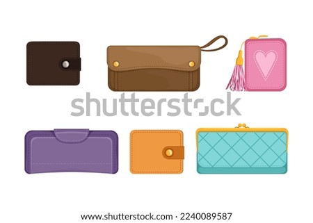 Purse and Wallet as Small Pouch for Carrying Coins and Currency Vector Set