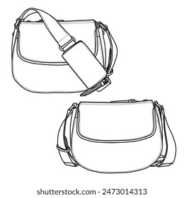 Purses and Handbags for Women with Long Strap Detachable Line art, outline vector doodle illustration front and rear view, isolated on white background