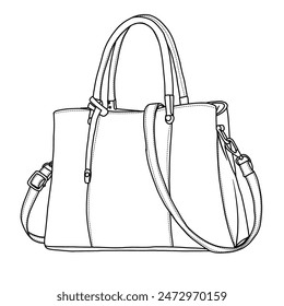 Geldbörsen und Handtaschen für Damen Umhängetaschen Top Handle Satchel Line art, Geeignet für Ihr individuelles Damen Handtaschen Design, Outline Vektorgrafik Doodle Illustration Vorderansicht, isoliert auf Weiß