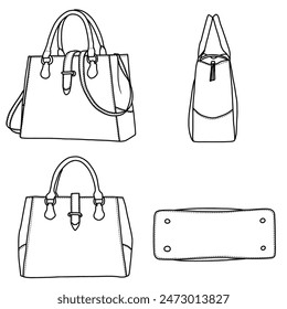 Purses and Handbags for Women Tote Shoulder Cross body Bags with Long Strap Detachable  Line art, outline vector doodle illustration various view, isolated on white background